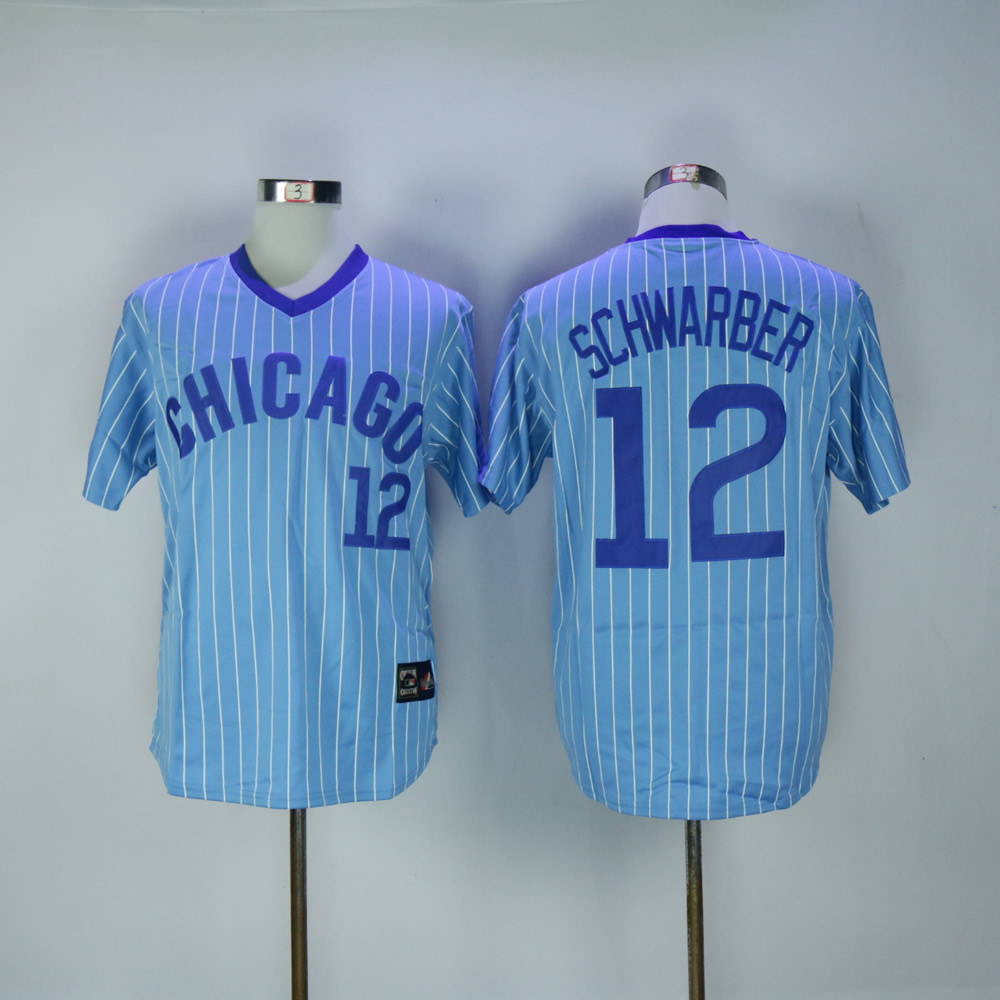 Men Chicago Cubs 12 Schwarber Blue Stripe Throwback MLB Jerseys
